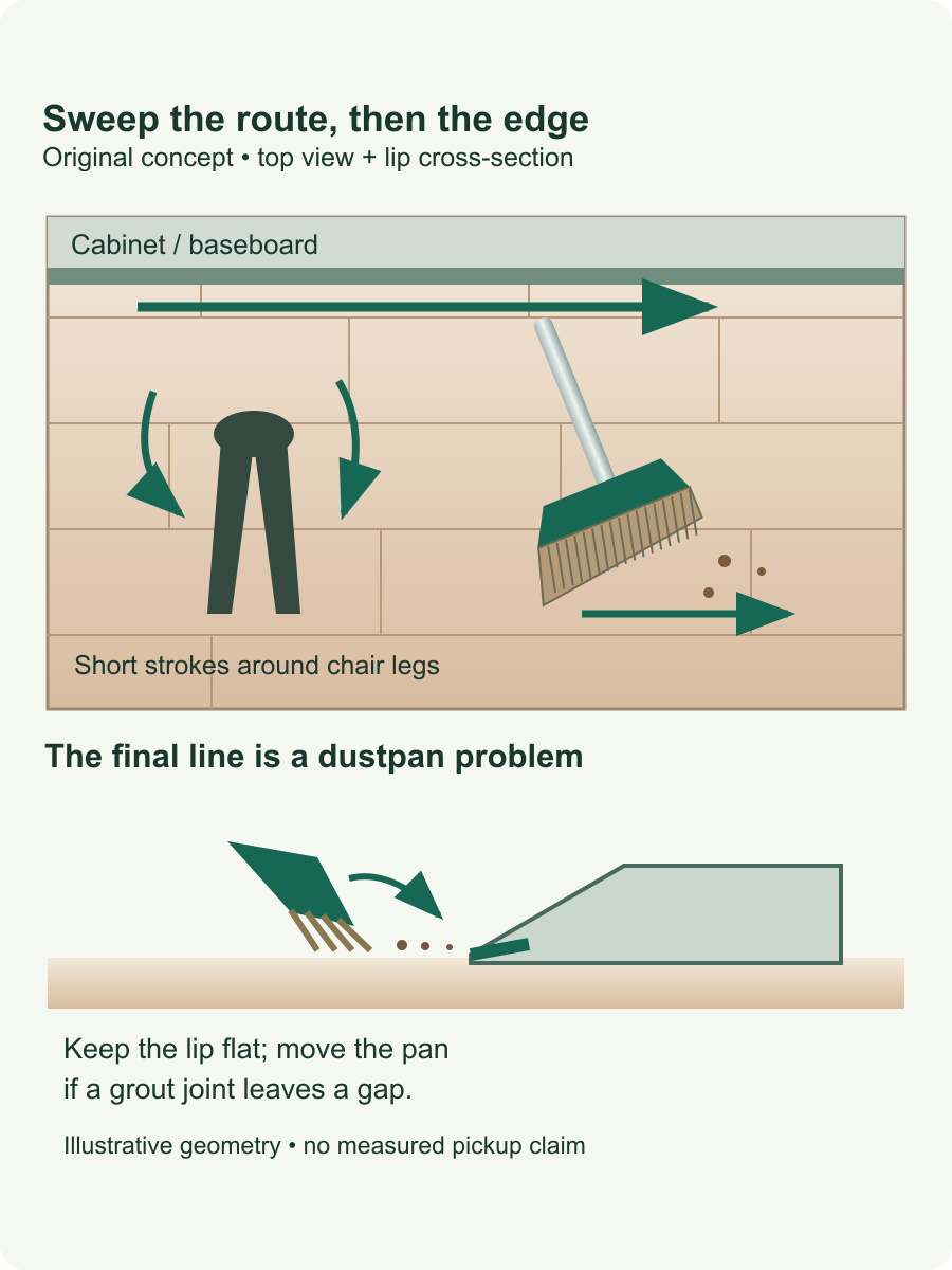 A kitchen floor plan shows short sweeps around chair legs and a side view shows a flat dustpan lip collecting debris.