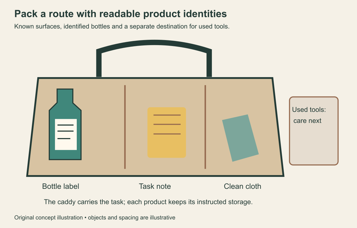 A divided caddy containing an identified bottle,a task note and clean cloth,beside a separate used-tool destination.