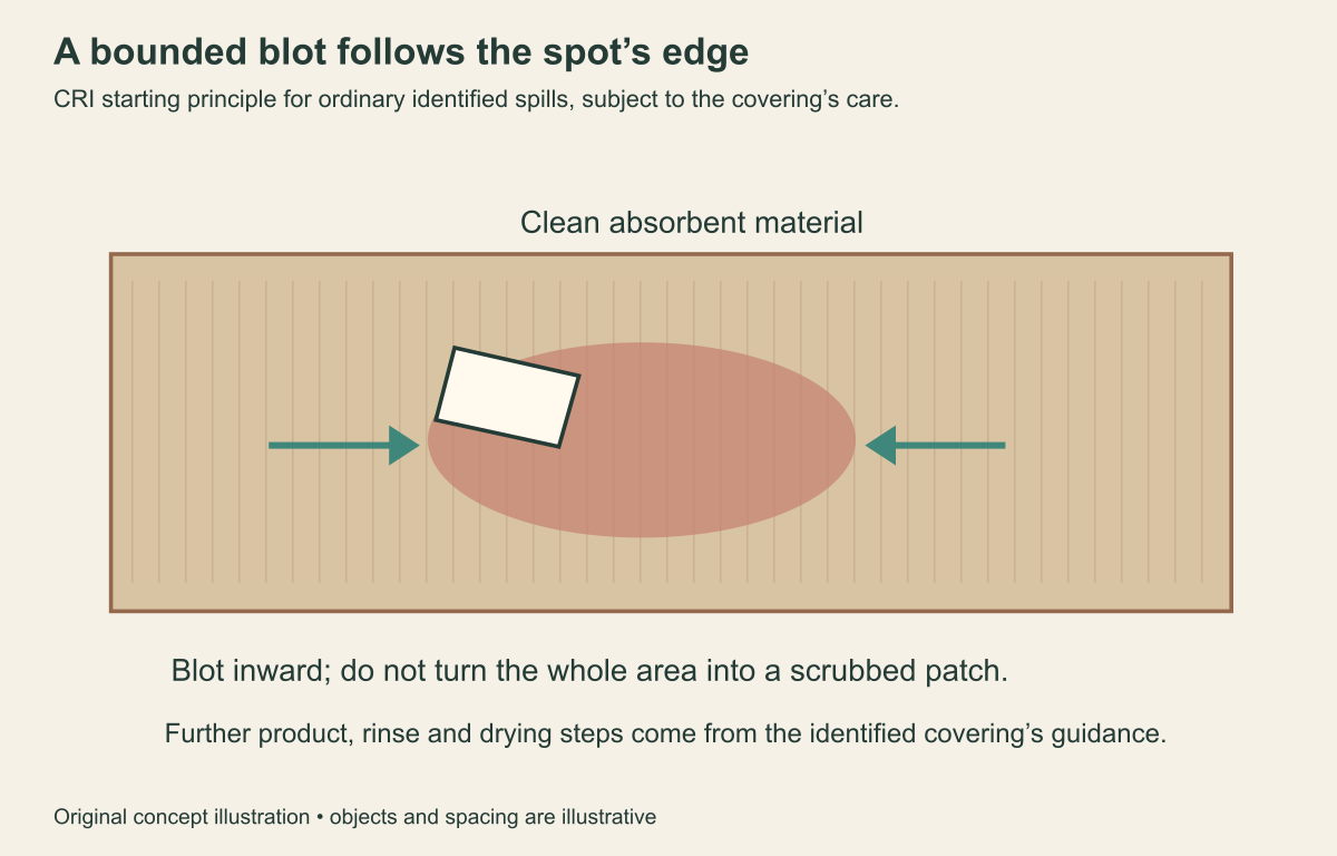 A spot on an illustrative carpet with clean absorbent material and inward arrows from its edge.