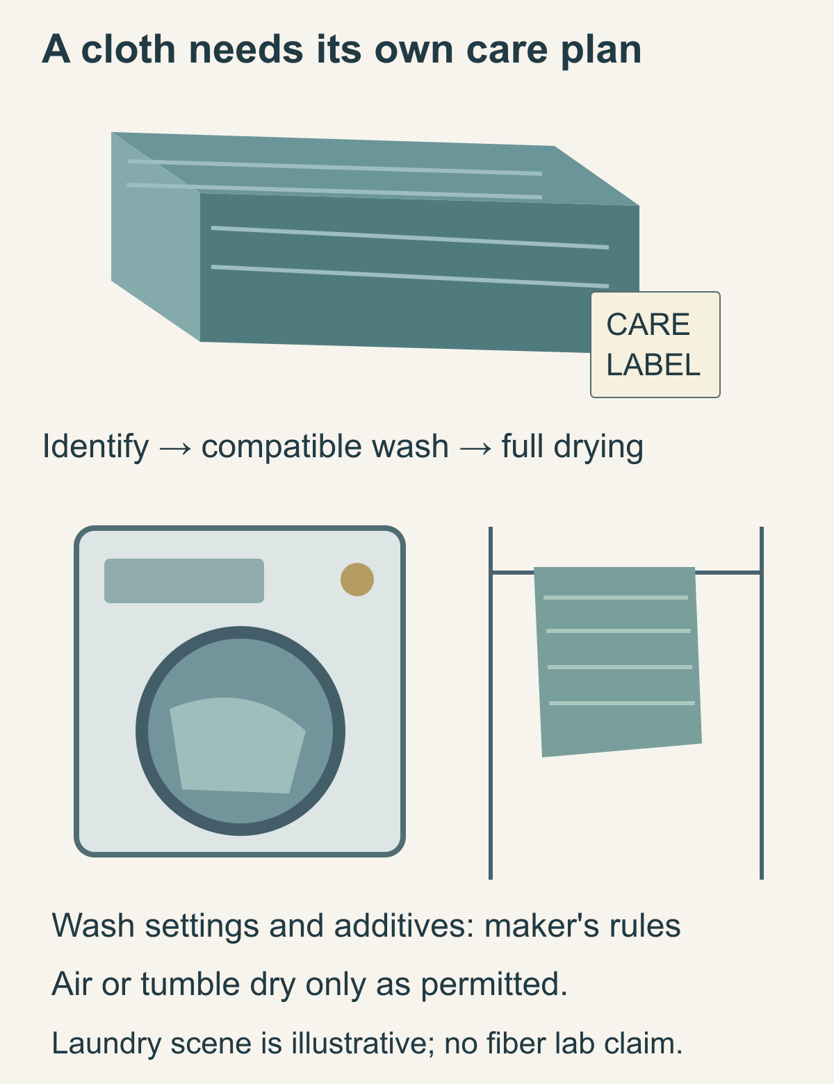 A cloth with a care tag beside a washing machine and an air-drying arrangement