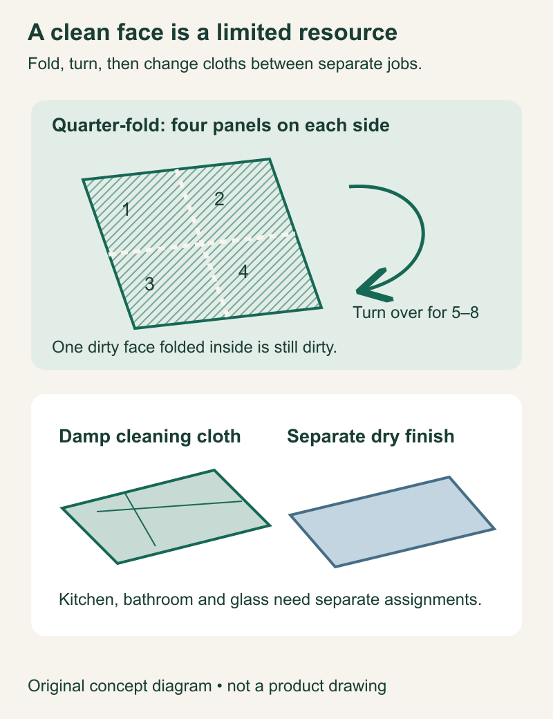 A quarter-folded cloth with numbered faces, alongside separate damp cleaning and dry finishing cloths.