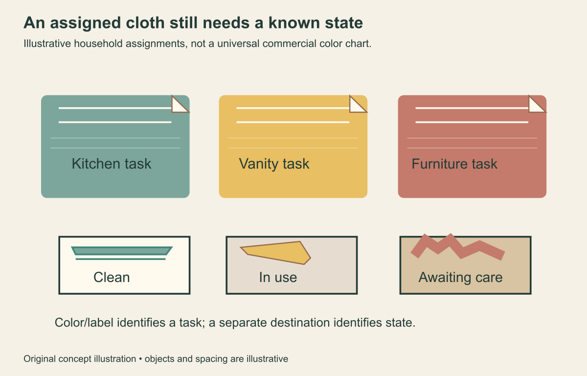 Folded cloths with illustrative task assignments above physically separate clean,in-use and awaiting-care destinations.