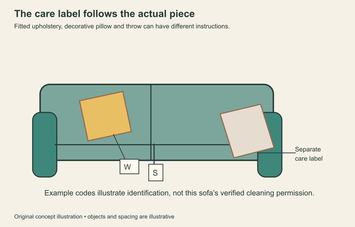Illustrative sofa with separate upholstery tag, loose pillow tag and throw care label.