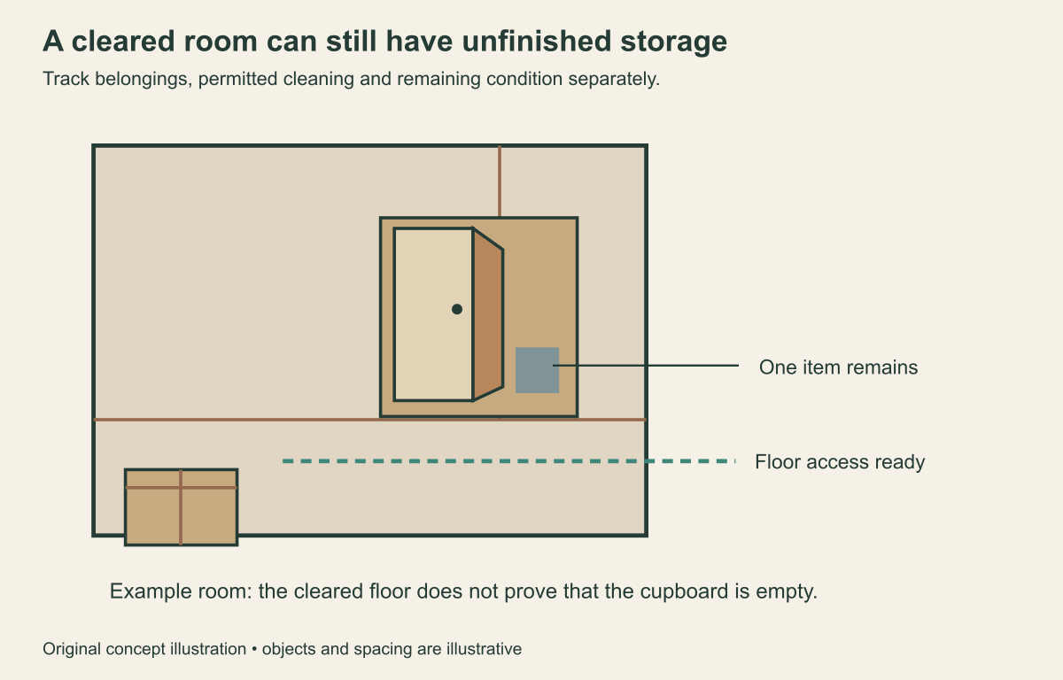 Illustrative room with a cleared floor path and an open cupboard still containing one item.