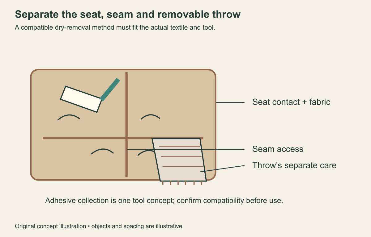 Upholstered seat, seam, separate throw and conceptual adhesive roller with distinct contact questions.