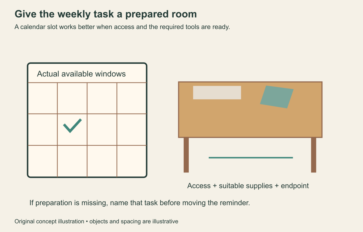 A weekly calendar with an available task window beside a prepared table and suitable supplies.
