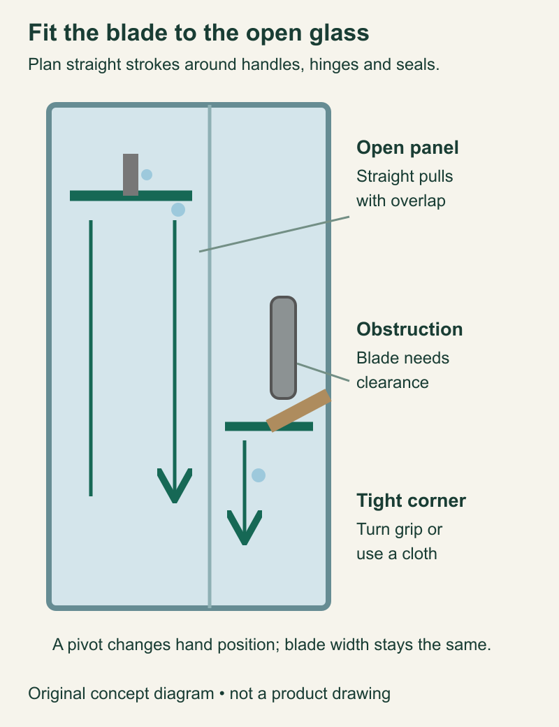 Glass shower panels with overlapping downward strokes, a projecting handle and a shorter stroke around an obstruction.