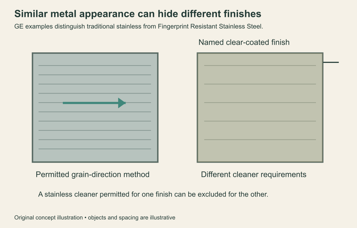 Two illustrative metal panels, one with a grain direction arrow and another with a transparent finish overlay.