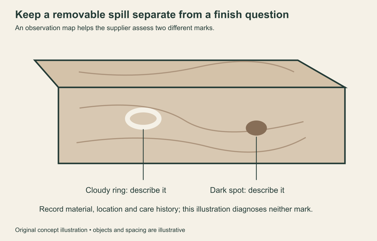 Illustrative patterned countertop with separately marked cloudy ring and dark spot.