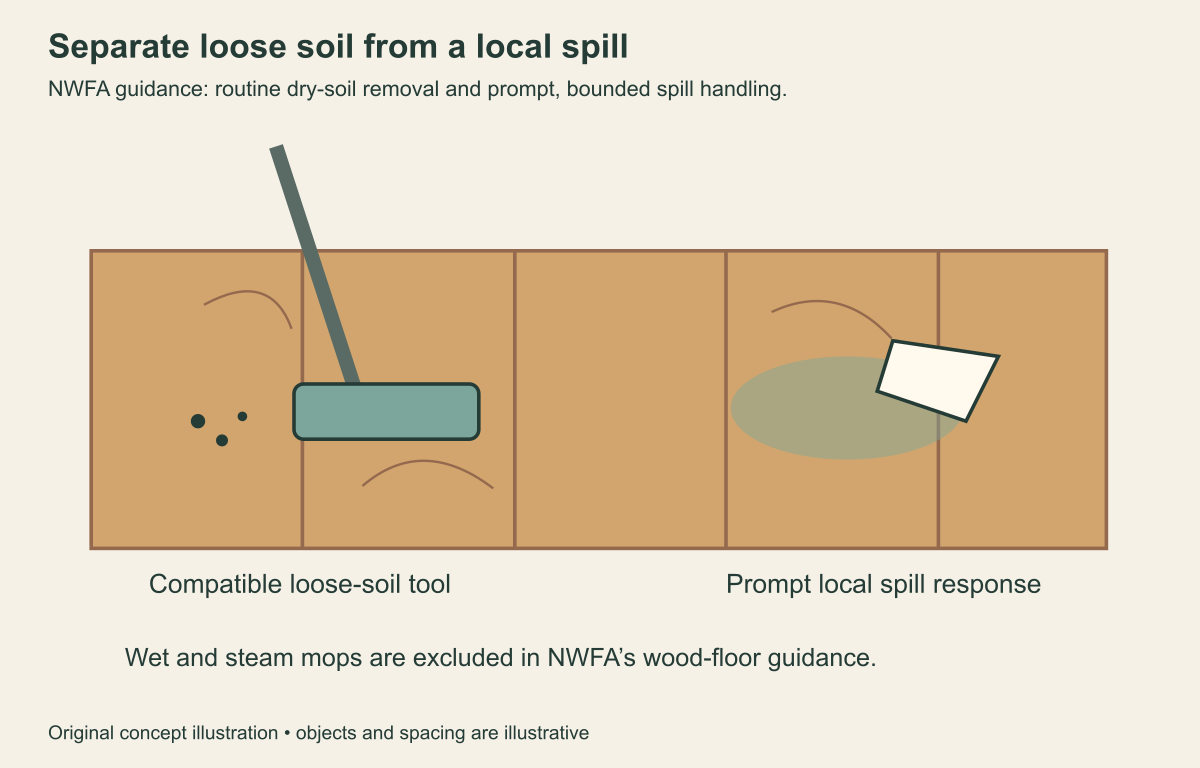 Wood boards with a dry-soil mop example beside a bounded local spill and cloth response.